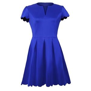 Women V Neck Sweet Scallop Pleated Skater Dress